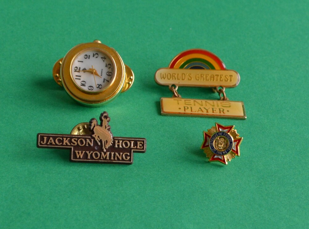 Set of 4 Lapel Pins-Tennis Player, Jackson Hole, US Air Force, Miniature Watch